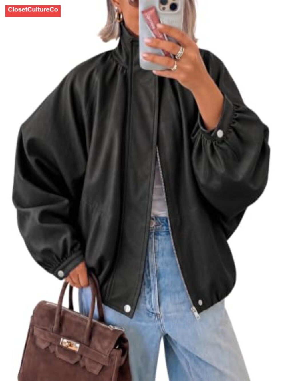 Faux Leather Bomber Jacket Womens Loose Puff Sleeve Cropped Fall Coat